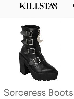 Killstar Black Platform Sorceress Buckle Ankle Boots Crescent Charm Zipper 8 NIB